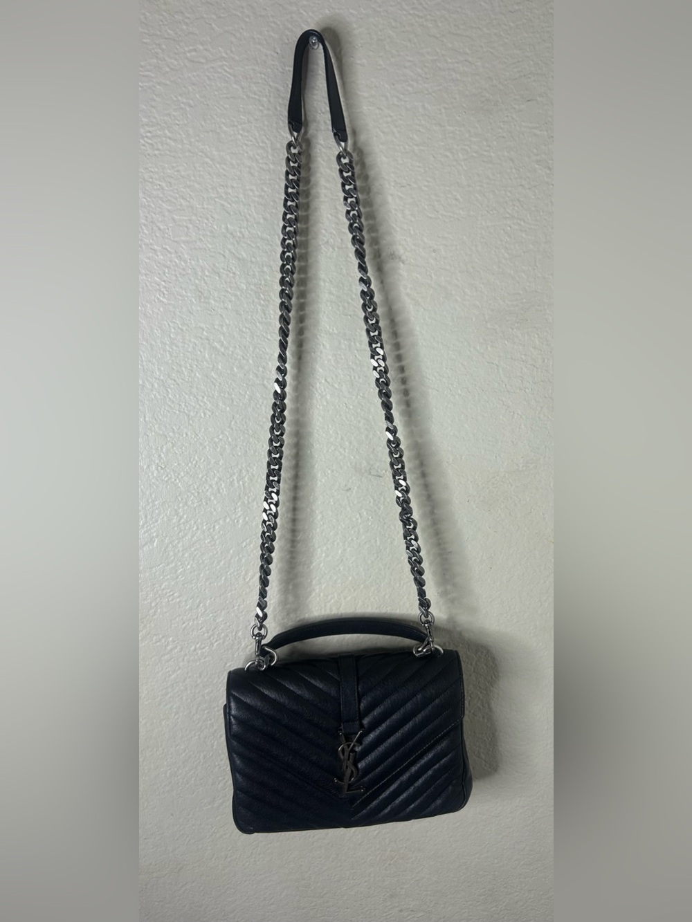 Saint Laurent Black Quilted Shoulder Bag with Silver Chain